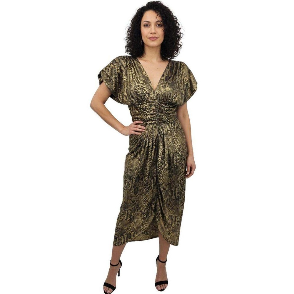 Glamorous Gold Black Snake Print Ruched V Neck Dolman Sleeve Midi Dress Size 7